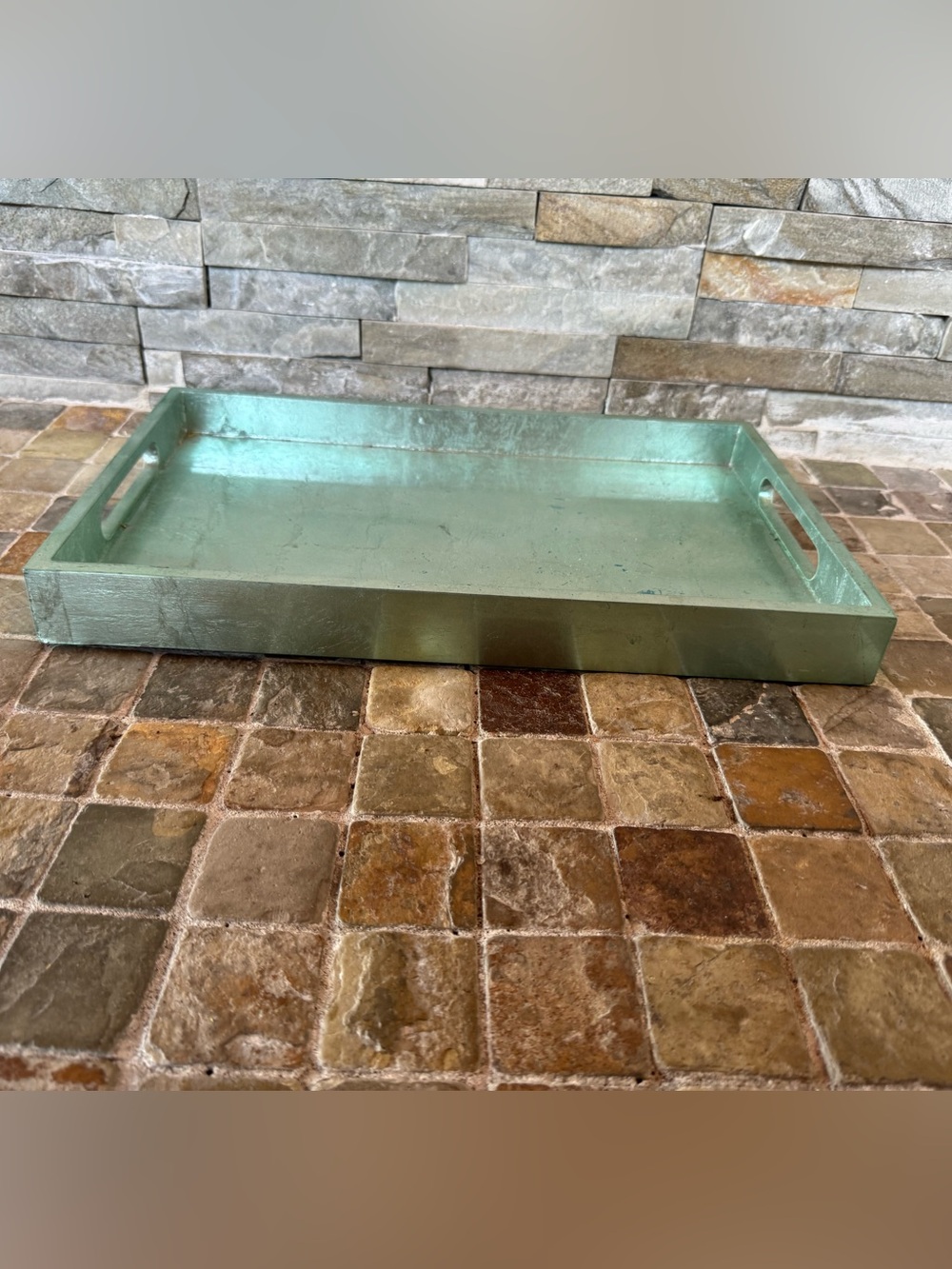 Metallic Aqua Serving Tray with Handles